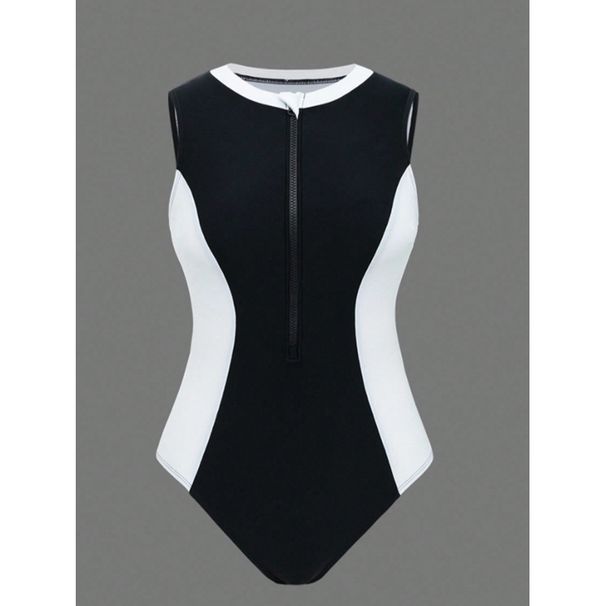 Elegant Black & White One-Piece Swimsuit For Women - Tummy Control High-Neck Design, Modest Swimwear, S/M/L/XL Sizes_ecoleips.com