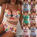 Women's 2-Piece High-Waisted Bikini Set, Floral Print U-Plunge Top With Cross Back Ties Comfortable Polyester Fabric_ecoleips.com