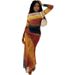 Feng Women's Fashionable Printed Round Neck Pullover Long Sleeved Slit Pleated Skirt Trendy Dress_ecoleips.com