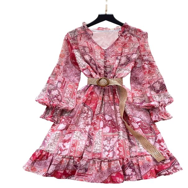 Women's V Neck Ruffled Long Sleeve Printed Fitted Waist Full Skirt Cake Dress Lantern Sleeve Belt Not Included_ecoleips.com