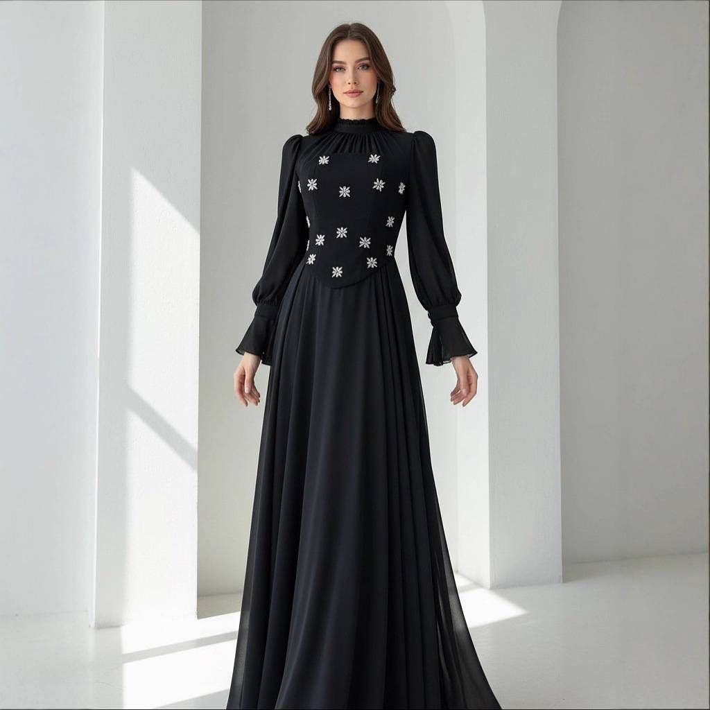 Women's Elegant Rhinestone-Embellished Maxi Dress – Flowy, 3/4 Sleeve, Round Neck (XS-3XL, Red & White)_ecoleips.com