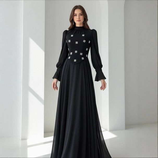 Women's Elegant Rhinestone-Embellished Maxi Dress – Flowy, 3/4 Sleeve, Round Neck (XS-3XL, Red & White)_ecoleips.com