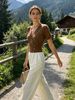 Ribbed Knit V Neck Short Sleeve Top, Soft Breathable Loose Blouse_ecoleips.com