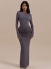 JULISSA MO Elegant Round Neck High Slit Ruched Women Maxi Dress Coffee Long Sleeve High Waist Autumn Skinny Party Evening Dress_ecoleips.com