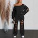 Edgy Two-Piece Streetwear Set – Distressed Ripped Jeans & Off-Shoulder Hoodie, Oversized Grunge Outfit For Women_ecoleips.com