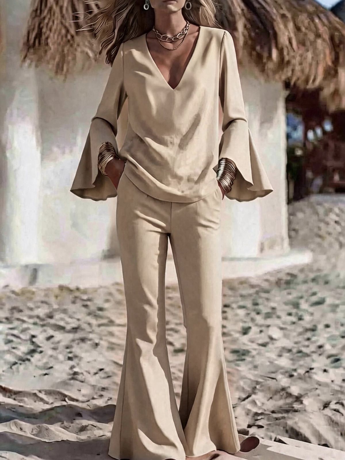 New 2026 Women's Two Piece Set Solid Color V Neck Flared Sleeve Long Pants Independent Clothing Cross Border Europe & America_ecoleips.com