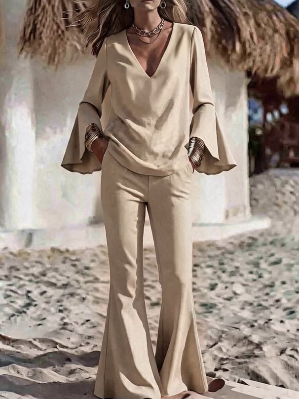New 2026 Women's Two Piece Set Solid Color V Neck Flared Sleeve Long Pants Independent Clothing Cross Border Europe & America_ecoleips.com