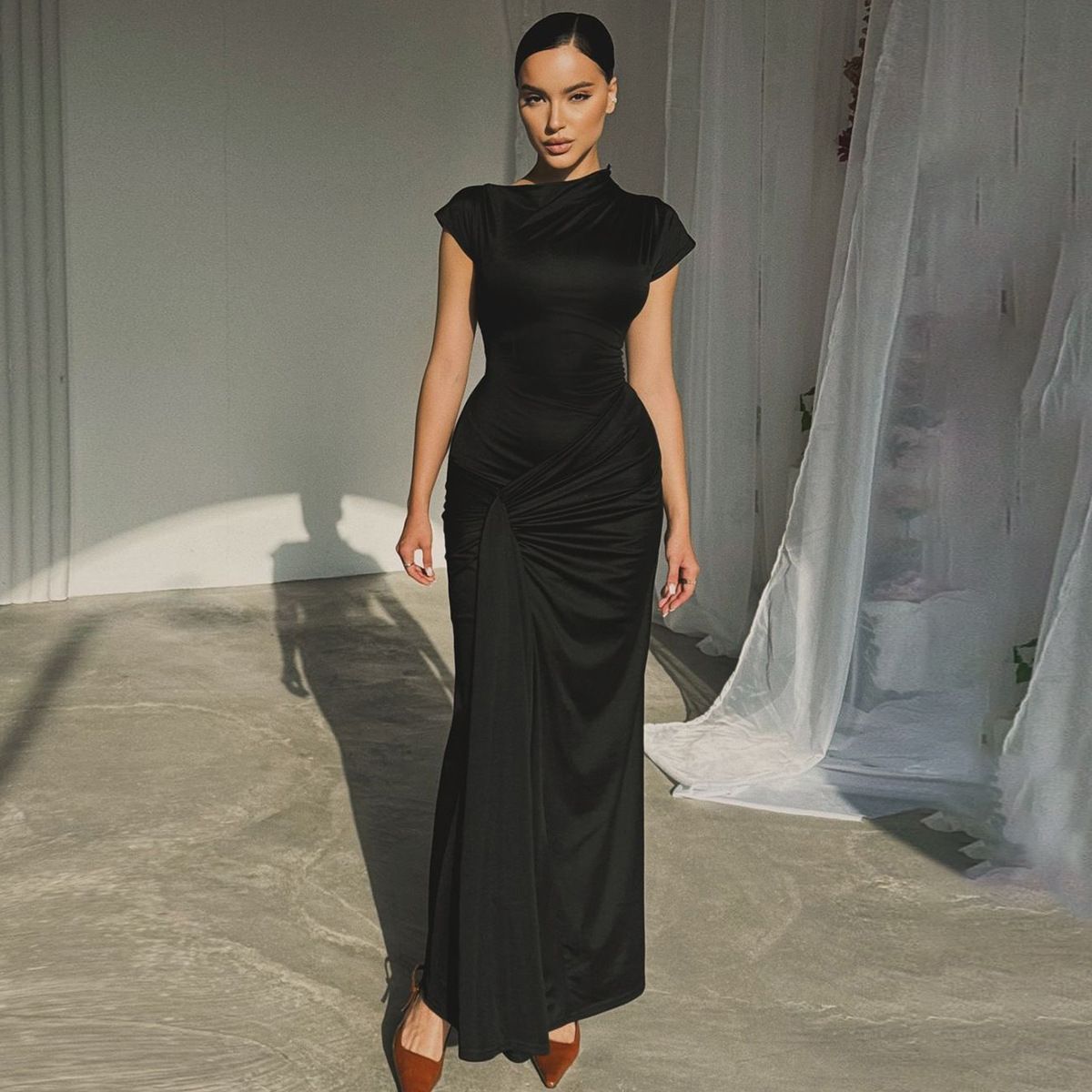 2025 Autumn New Fashion Elegant Slim Fit Ruched Tie Short Sleeve Dress For Women Wholesale_ecoleips.com