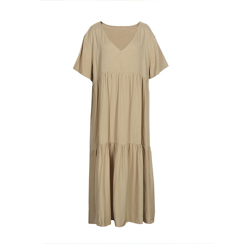 Women's Clothing Large Size Summer Women's Solid Color Dress Loose Pleated V Neck Short Sleeved A Line Long Skirt Female_ecoleips.com