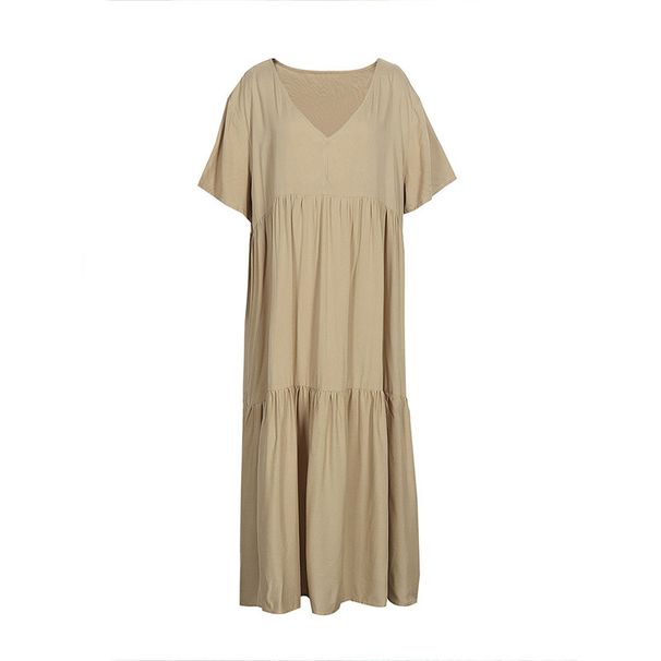 Women's Clothing Large Size Summer Women's Solid Color Dress Loose Pleated V Neck Short Sleeved A Line Long Skirt Female_ecoleips.com