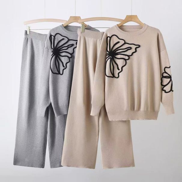 Women's 3D Knit Pullover Top & Wide Leg Pants Set - Elegant Office Casual Outfit With Embroidery Detail, Polyester Comfort Fit (Black, Graphite,_ecoleips.com