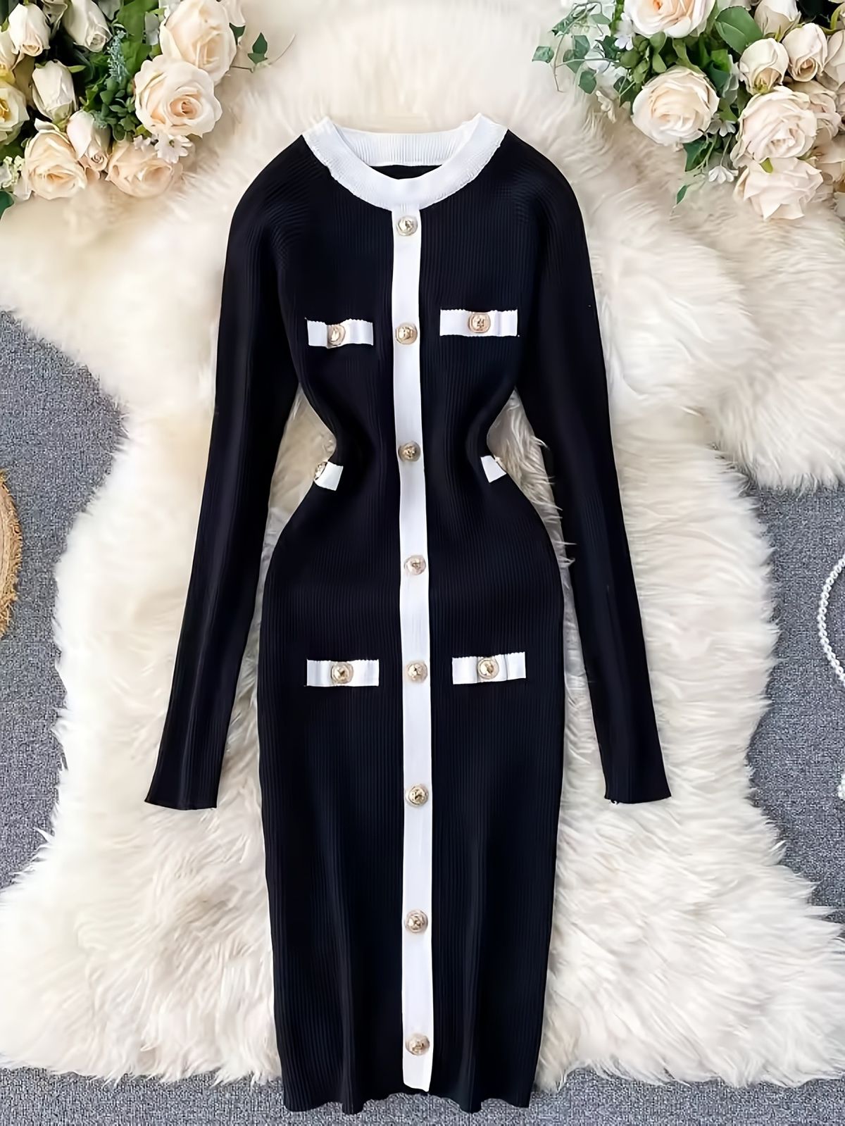 Women's Clothing Elegant Single-Button Slim-Fit Color-Block Knit Bodycon Dress For Women_ecoleips.com
