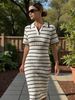Elegant Women's Short Sleeve Long Dress Slim Fitting Striped Knit New American Style_ecoleips.com