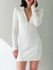 Women Soft Skin-Friendly Lightweight Breathable Rib Knit Dress Zip Collar Long Sleeve Loose Stretch Bodycon Mini Knit Dress_ecoleips.com