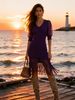 Breathable V Neck Chiffon Puff Sleeve Fringe Hem Loose Rib Knit Dress_ecoleips.com