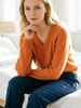 Orange Pit Rib Knit Sweater, Loose V Neck Lightweight Breathable Soft Skin-touch Wool Blend Pullover_ecoleips.com