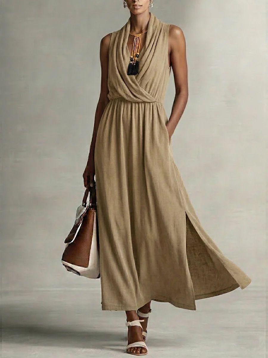 Women's Sleeveless Solid Color V Neck Casual Midi Dress – Summer Resort Gown 2026_ecoleips.com