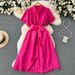 Women's Clothing Skirt Gentle Style Lapel Puff Sleeve Mid Length Shirt Dress Women's Lace Up Slimming Hollow_ecoleips.com