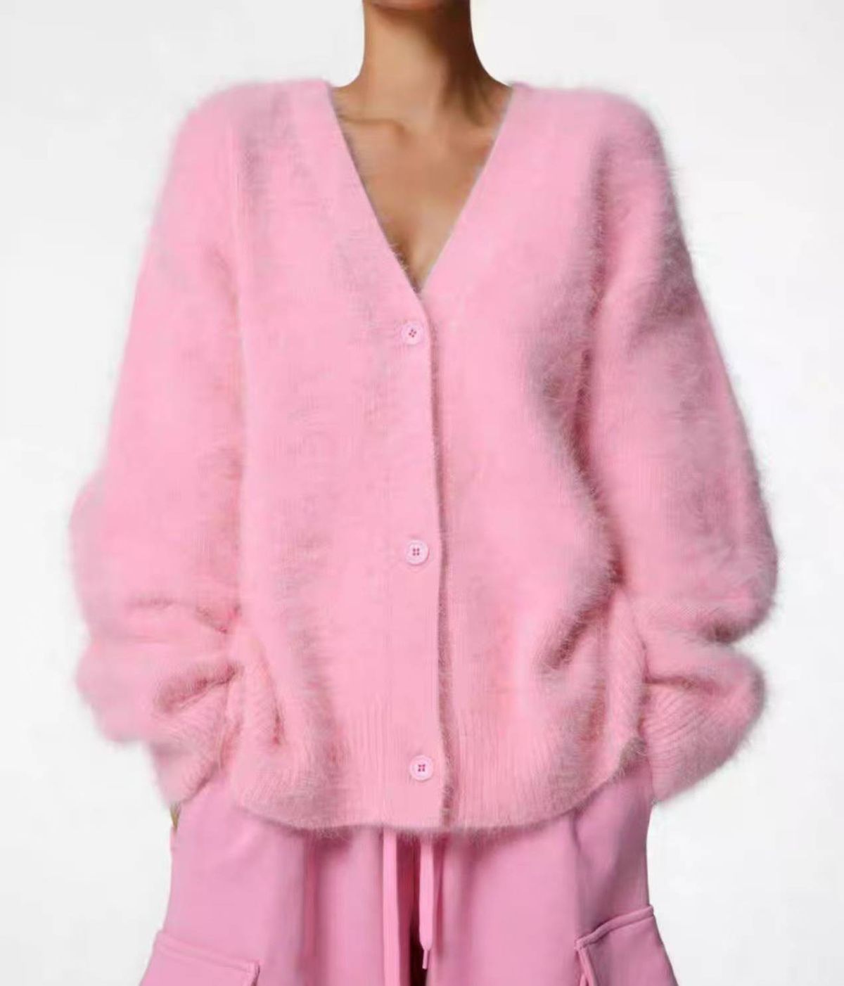 Soft Faux Mink V-Neck Cardigan - Cozy Oversized Pullover For Women, Fall Winter Loose Knit Sweater With Buttons, Elegant Casual Outerwear_ecoleips.com