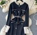 Black Knit Dress Color-Block Stand Collar Belted Midi Long Sleeve Women's Casual Dress For Autumn/Winter_ecoleips.com