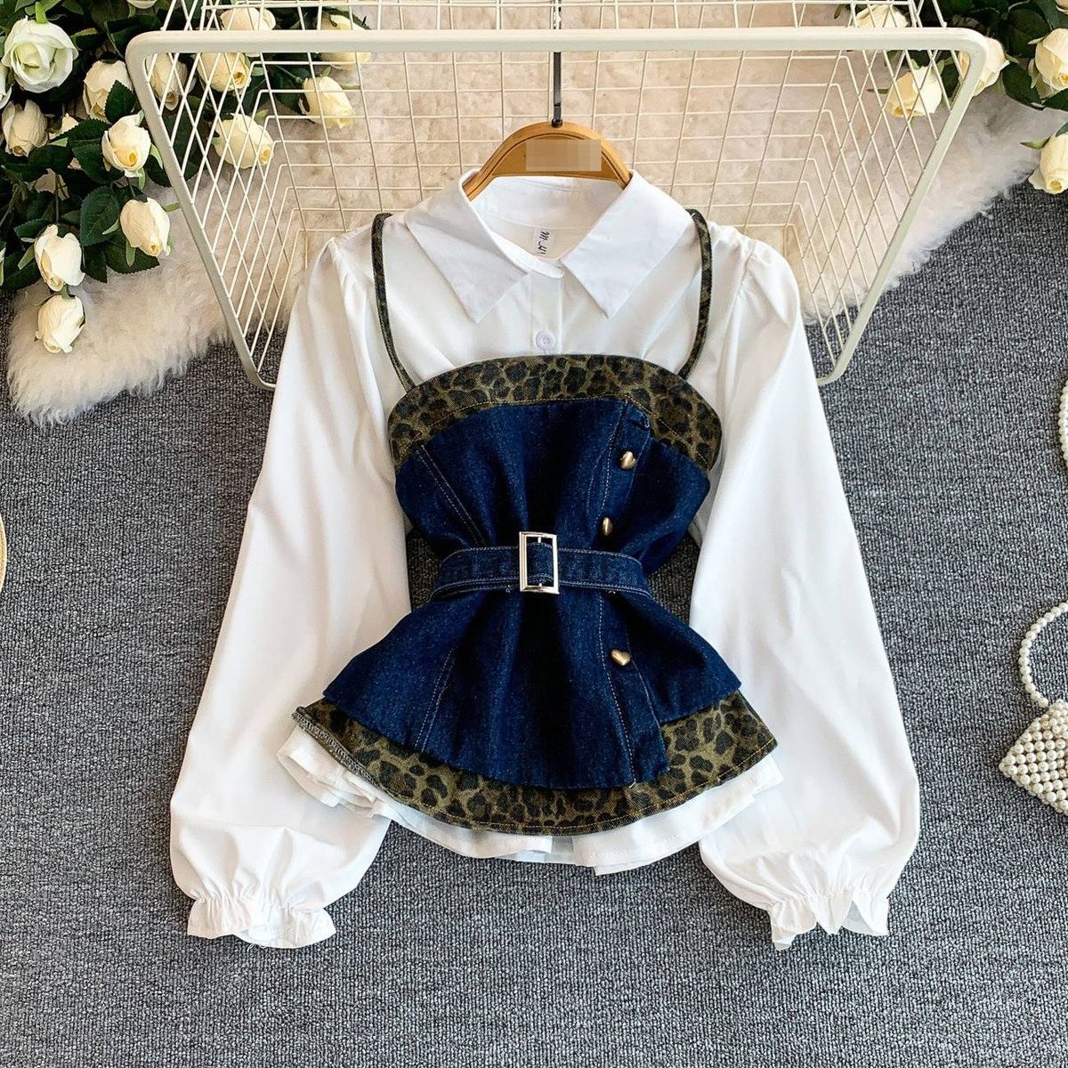 Women's Denim Leopard Print Slimming Shirt Dress Lace Up Design Suspender Top Elegant Fashion Unique Edgy Chic Sophisticated Clothing_ecoleips.com