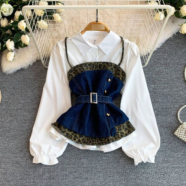 Women's Denim Leopard Print Slimming Shirt Dress Lace Up Design Suspender Top Elegant Fashion Unique Edgy Chic Sophisticated Clothing_ecoleips.com