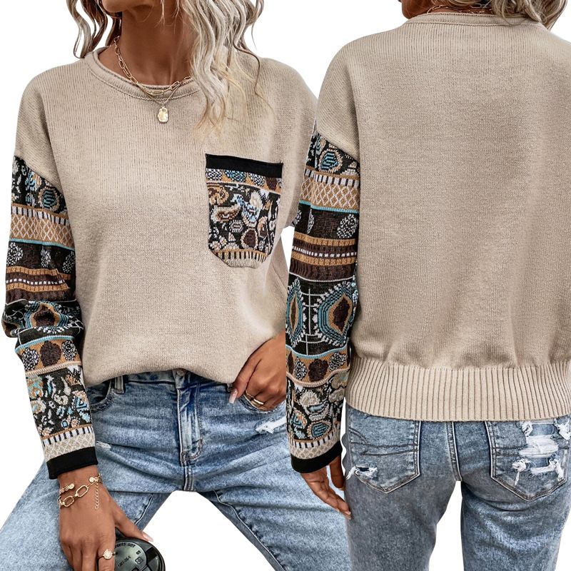 Women's Clothing Women's Autumn Knitted Loose Sweater Round Neck Color Block Long Sleeve Top For Formal & Casual For Women_ecoleips.com