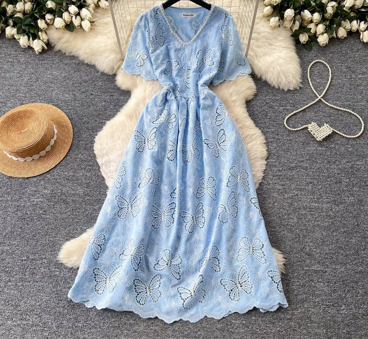 French Style Women's Lace V Neck Dress Butterfly Hollow Out Summer Korean Short Sleeve Waist Cinching Slimming A-Line Skirt Pink_ecoleips.com