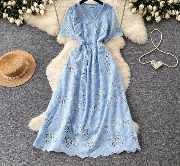 French Style Women's Lace V Neck Dress Butterfly Hollow Out Summer Korean Short Sleeve Waist Cinching Slimming A-Line Skirt Pink_ecoleips.com