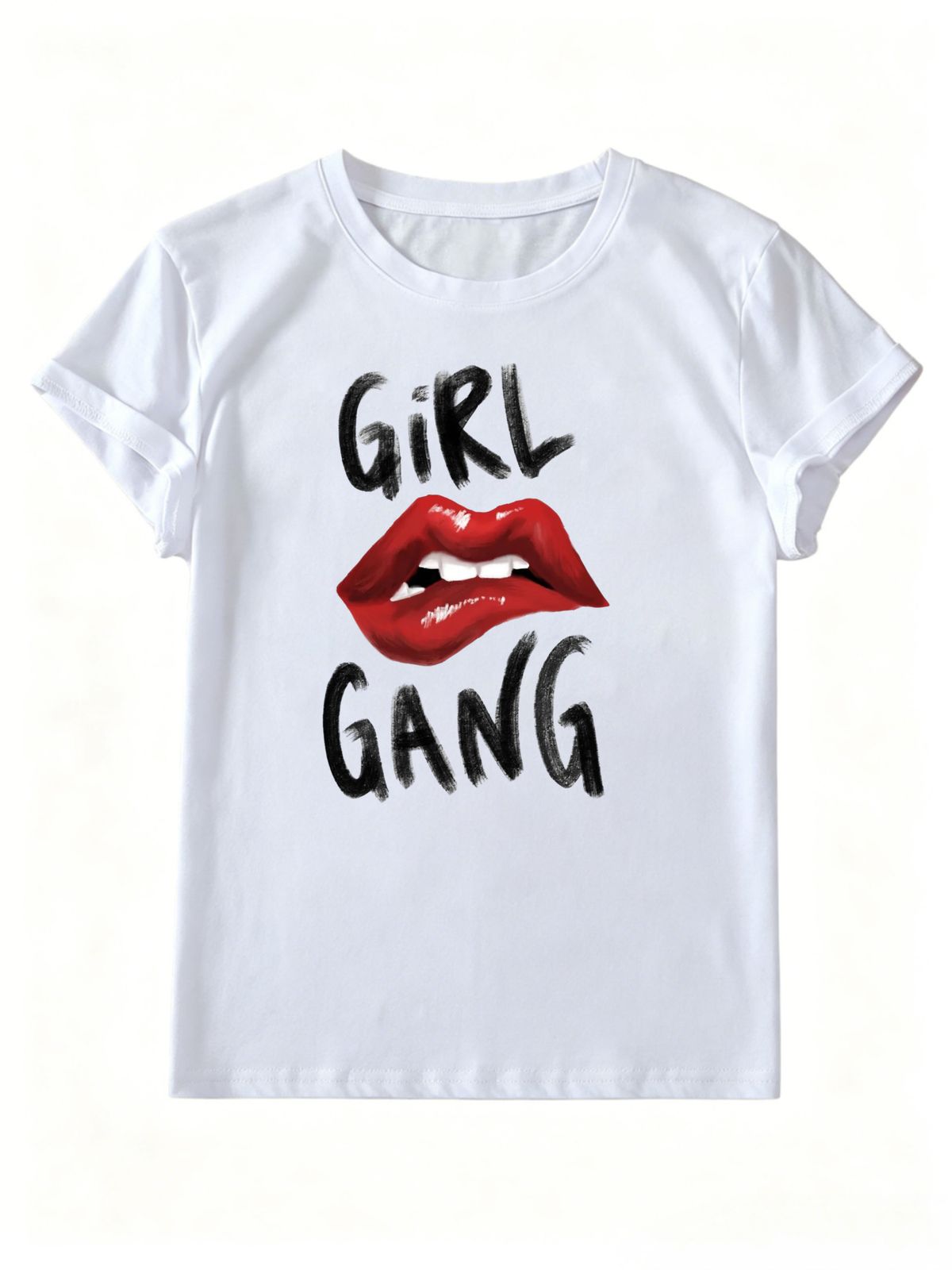 Girl Gang Red Lips Brush Letter Print Retro Graphic T-Shirt, Women Oversized Soft Cotton Tee, Feminist Daily Streetwear Party Top_ecoleips.com