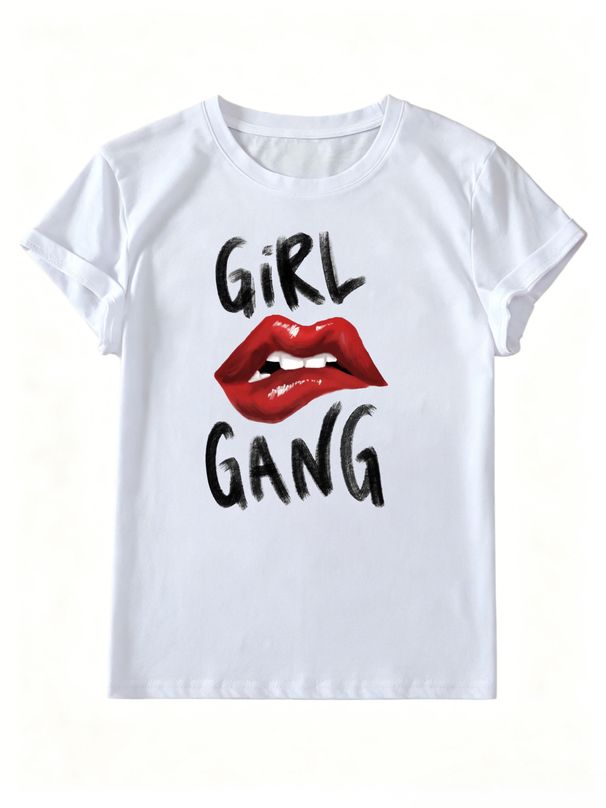 Girl Gang Red Lips Brush Letter Print Retro Graphic T-Shirt, Women Oversized Soft Cotton Tee, Feminist Daily Streetwear Party Top_ecoleips.com
