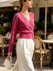 Women Cross Wrap V Neck Ribbed Knit Top Loose Long Sleeve Lightweight Hollow Texture Breathable Skin-friendly Cropped Knit Blouse_ecoleips.com