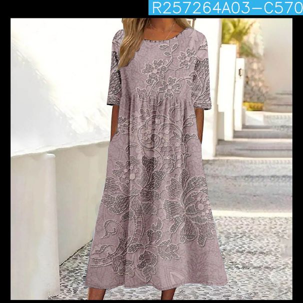 Women's Mid-Waist Summer Casual Round Neck Printed Flared Dress_ecoleips.com