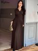 Hugcitar Autumn Elegant V Neck Long Sleeve Shoulder Pads Ruched Sexy Pleated Maxi Dress Women Evening Party Birthday Clothes_ecoleips.com