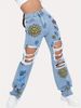 Women's Clothing Fashion Ripped Print Straight High Waist Slim Denim Trousers Versatile Trendy Jeans_ecoleips.com