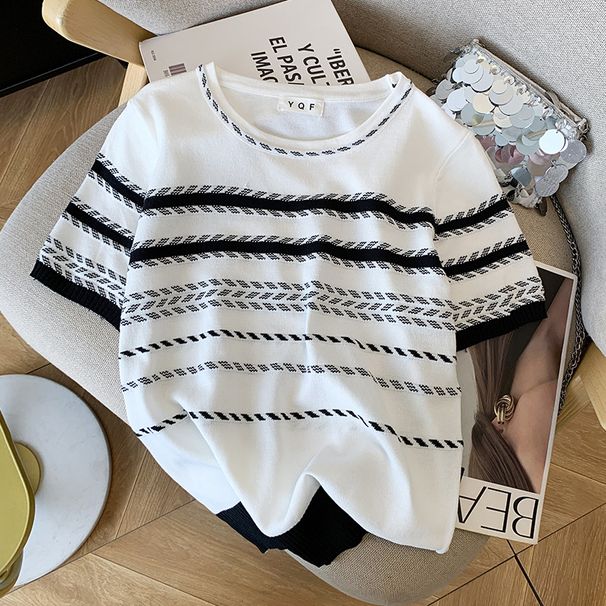 Women's Clothing Summer Women's Color Block Striped T-Shirt Round Neck Short Sleeve Ice Silk Knitwear Design_ecoleips.com