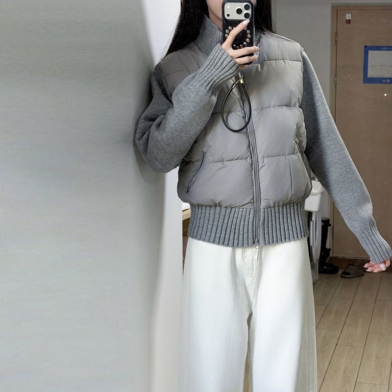 Korean-Style Knit-Panel Puffer Jacket For Women – Winter Short Cropped Coat With Stand Collar, Lightweight & Fashion-Forward_ecoleips.com