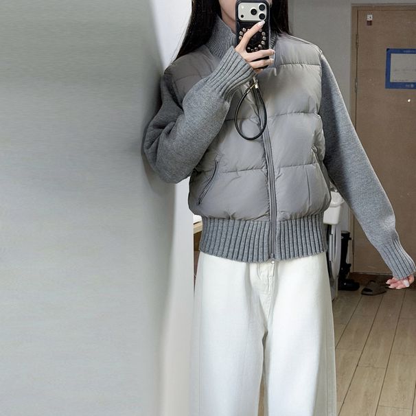 Korean-Style Knit-Panel Puffer Jacket For Women – Winter Short Cropped Coat With Stand Collar, Lightweight & Fashion-Forward_ecoleips.com
