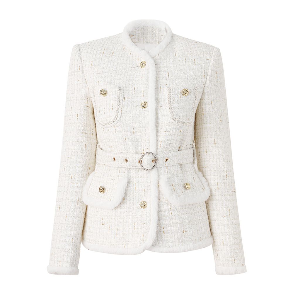 Women’s Clothing Spot autumn and winter new white wool stitching small stand up collar lace up new Chinese collar celebrity light luxury jacket trendy_ecoleips.com