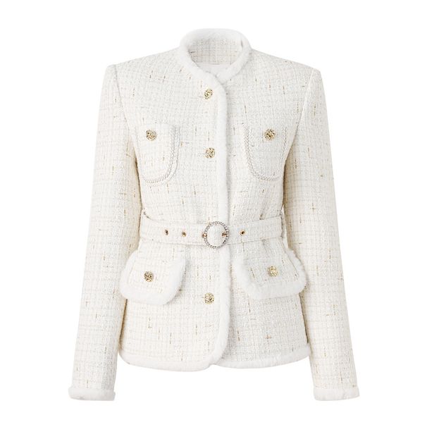 Women’s Clothing Spot autumn and winter new white wool stitching small stand up collar lace up new Chinese collar celebrity light luxury jacket trendy_ecoleips.com