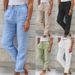 Women's Loose Long Trousers Summer Elastic Waist Solid Color Cotton Linen Wide Leg Pants_ecoleips.com