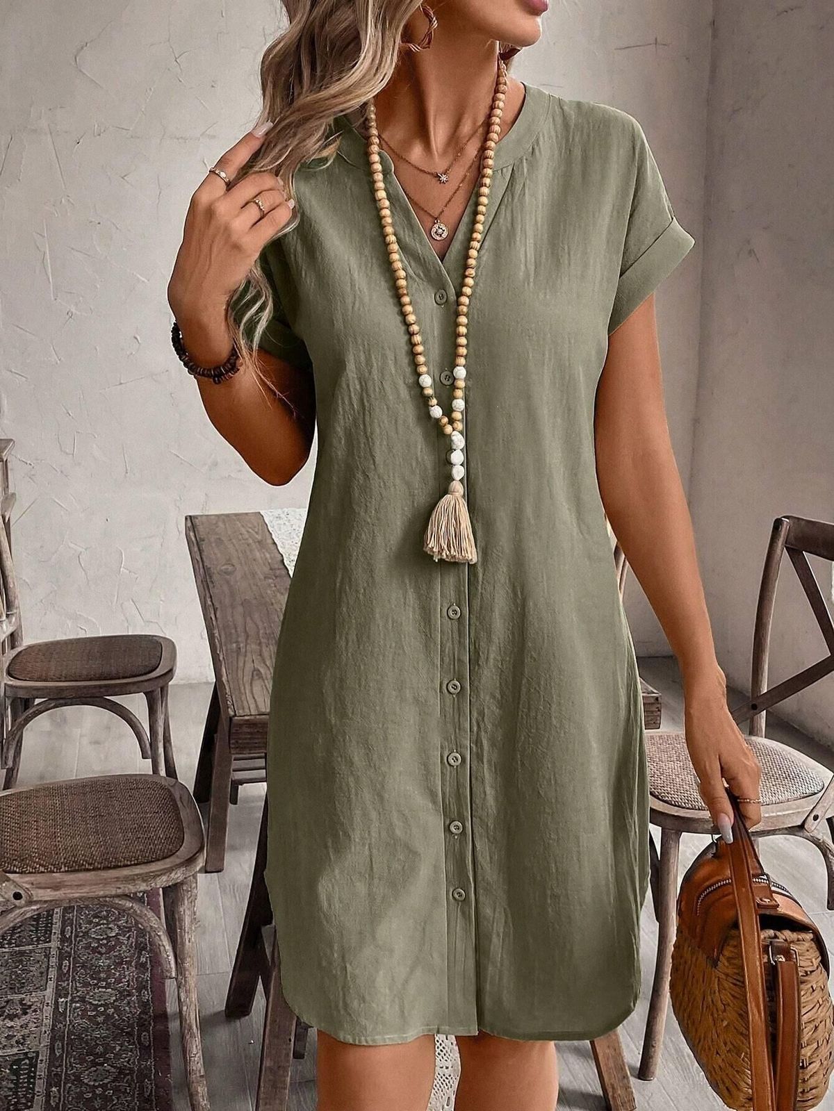 2025 European And American Summer New Solid Color Cotton Linen V-Neck Button Loose Casual Dress In Stock_ecoleips.com