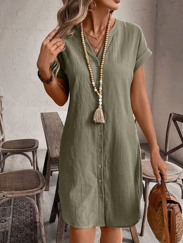 2025 European And American Summer New Solid Color Cotton Linen V-Neck Button Loose Casual Dress In Stock_ecoleips.com