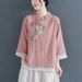 A Retro Button-Up Embroidered Cotton And Linen Shirt For Women, A Chinese-Style Stand-Up Collar With Three-Quarter Sleev_ecoleips.com