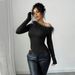 Voya Women's Summer Niche Design With Feather Splicing, Irregular Single Shoulder Hem, Slim Fit Long Sleeved Top For Women_ecoleips.com