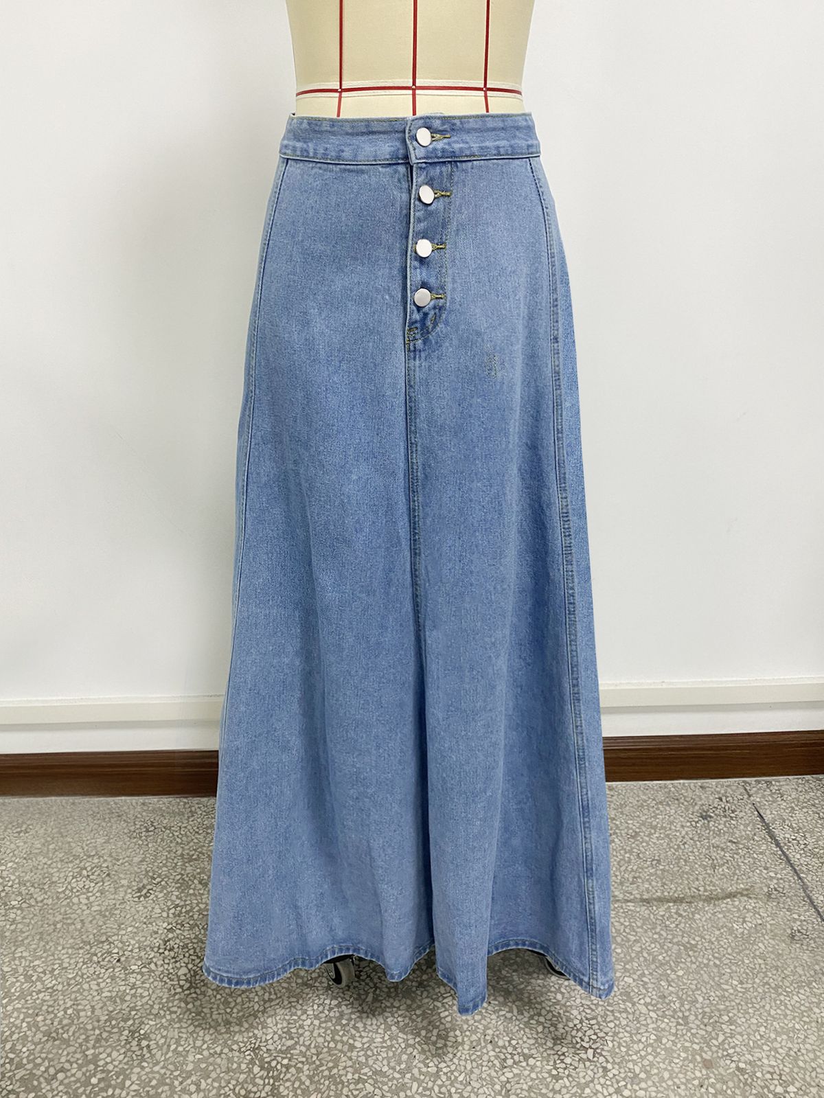 K Single-row Button-up Denim Skirt For Women, Trendy A-line Maxi Skirt_ecoleips.com