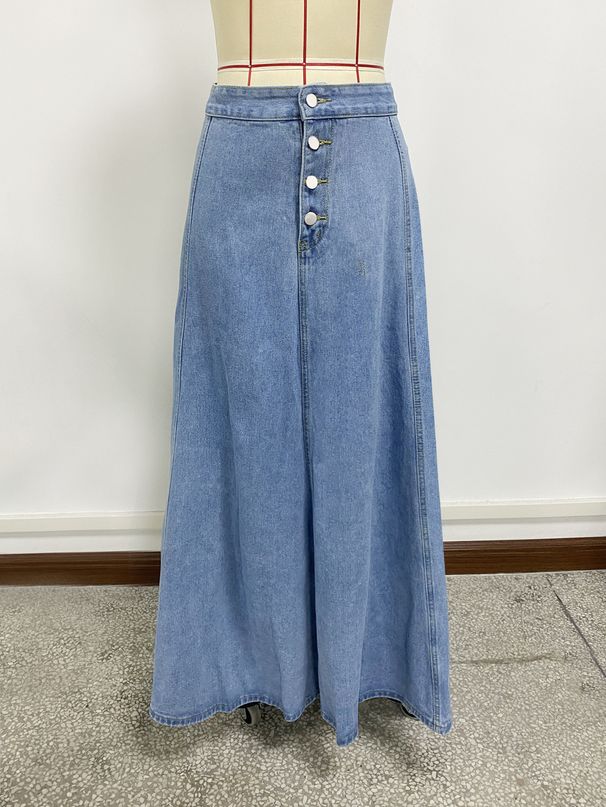 K Single-row Button-up Denim Skirt For Women, Trendy A-line Maxi Skirt_ecoleips.com