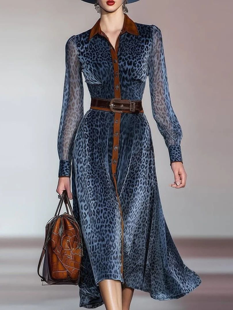 Women's Long Dress European American Style Cardigan Shirt Collar Digital Print Mesh Clothing With Belt_ecoleips.com