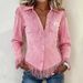 Women's Clothing Western-Inspired Suede Fringe Shirt – Slim-Fit Long-Sleeve Blouse With Burnout Detailing_ecoleips.com