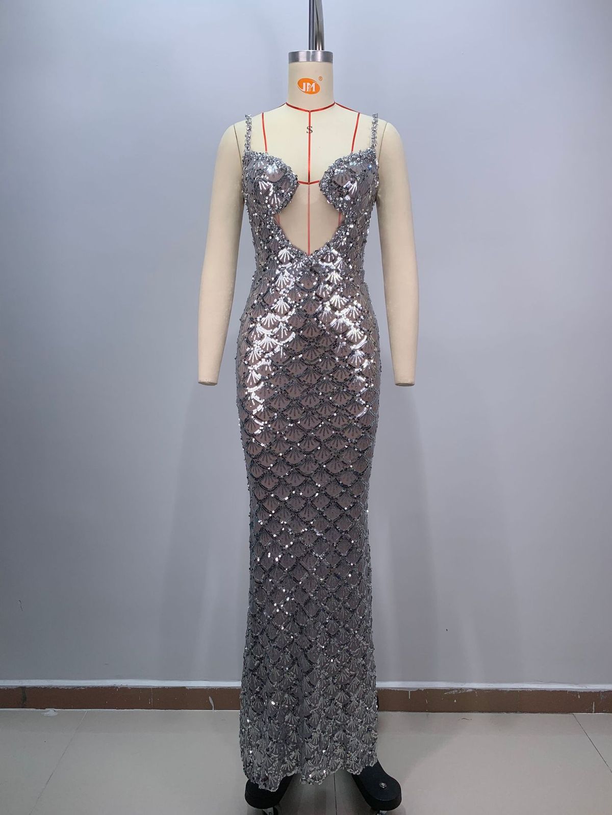Women's Clothing New U Neck Fish Scale Beaded High Waist Slim Fit Birthday Party Host Dress_ecoleips.com